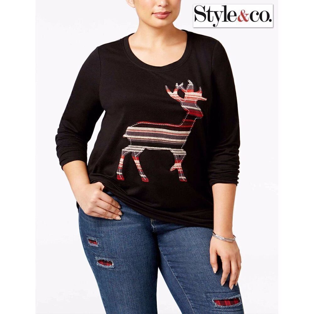 NWT $56.50 Sz 2X Plus STYLE & CO Long Sleeve Top Sweatshirt Reindeer Black New